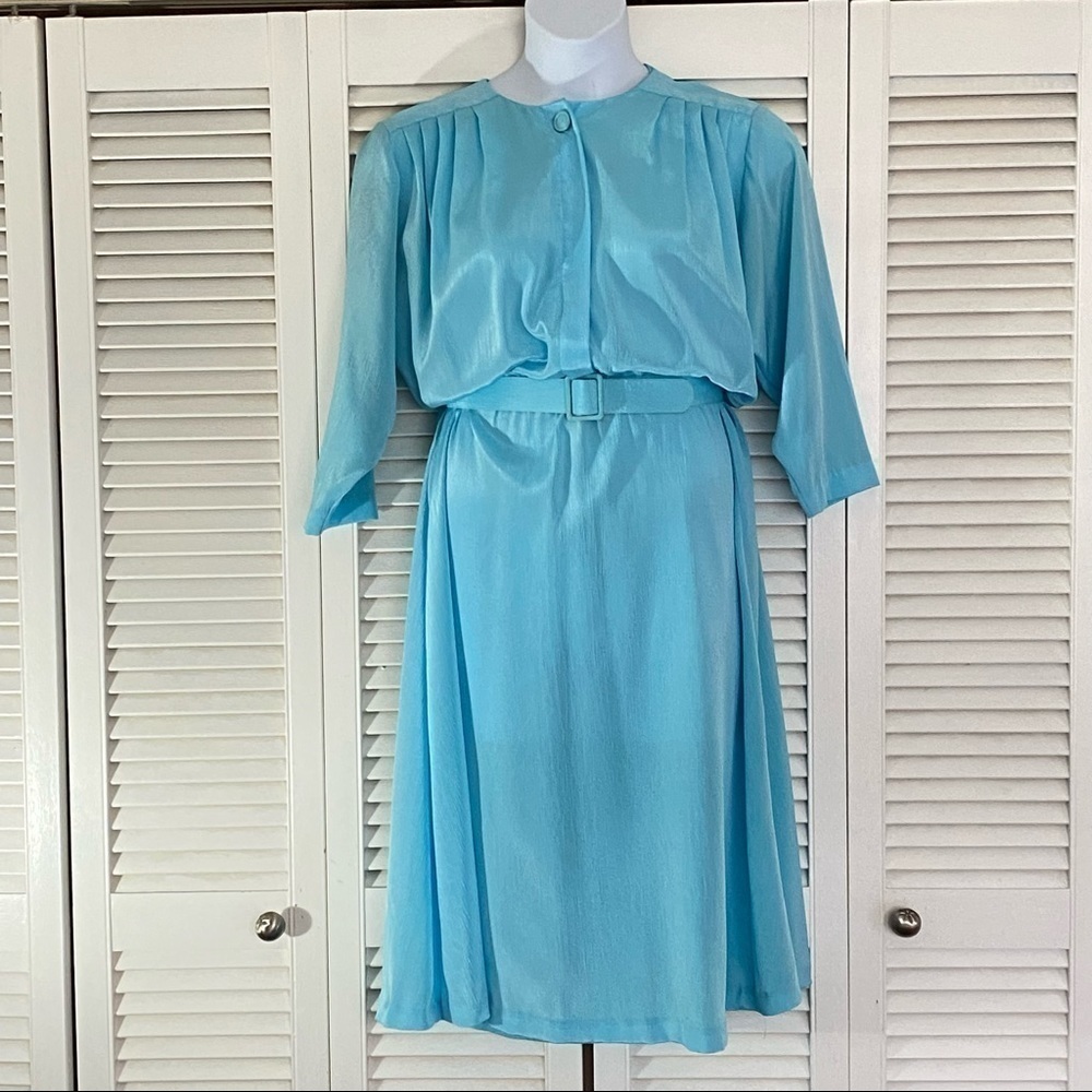 ORITE Vintage Ice Blue 80’s belted crepe polyester power dress​​​​​​
